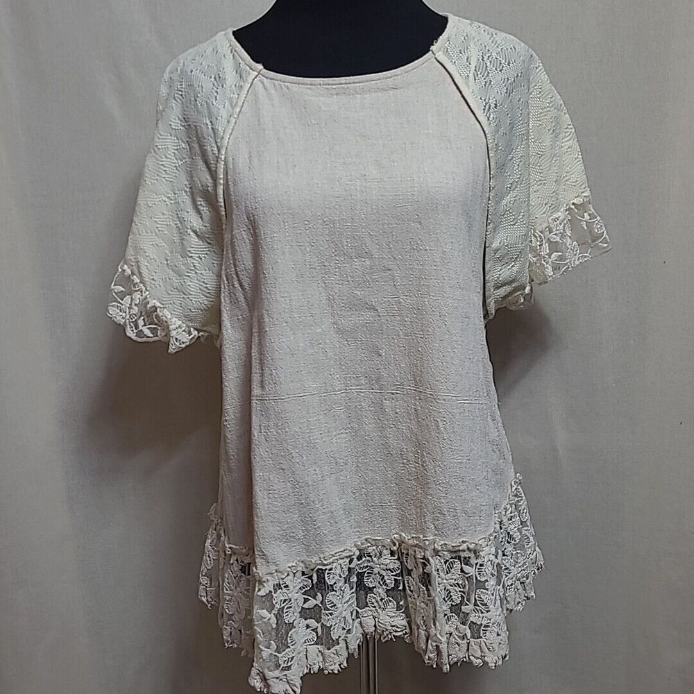 Umgee Floral Lace Raglan Sleeve Top Womens Size M Oatmeal Beige